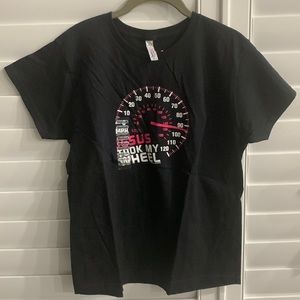 Women’s Black religious graphic Tee T-Shirt Size Medium Jesus Took my wheel